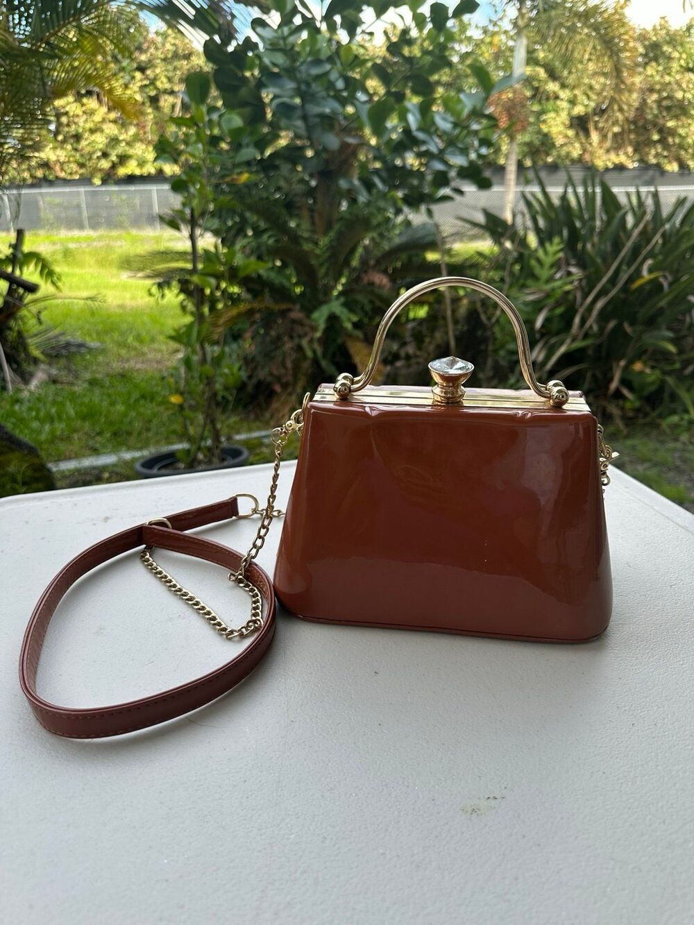 Patent Vegan Leather Crystal Clasp 40s 50s Inspired Crossbody Box Handbag